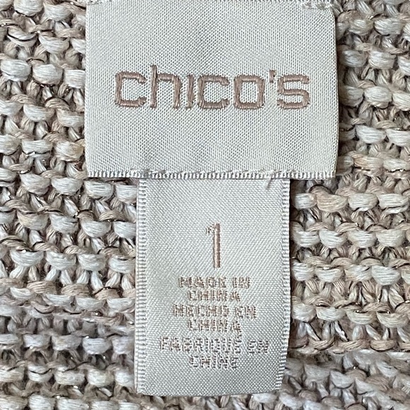 Chico's Cream & Tan Sparkle Open Front Knit Cardigan‎ with Fringe Detailing - Picture 9 of 10